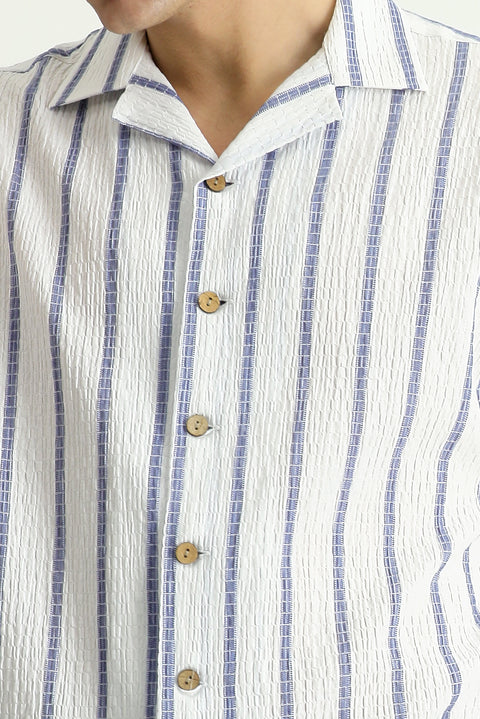 White and Navy Short-Sleeve Striped Classic Shirt
