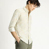 Light Beige Long Sleeve Slim Fit Printed Cotton Shirt