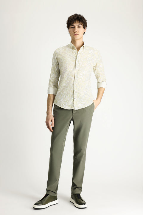 Light Beige Long Sleeve Slim Fit Printed Cotton Shirt