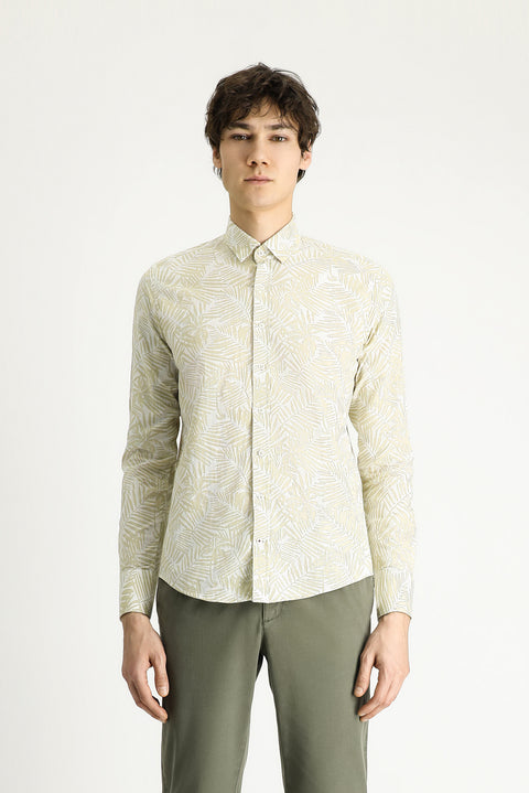 Light Beige Long Sleeve Slim Fit Printed Cotton Shirt