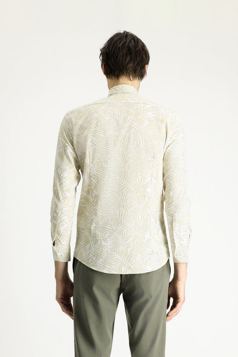 Light Beige Long Sleeve Slim Fit Printed Cotton Shirt