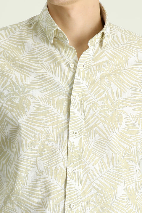 Light Beige Long Sleeve Slim Fit Printed Cotton Shirt