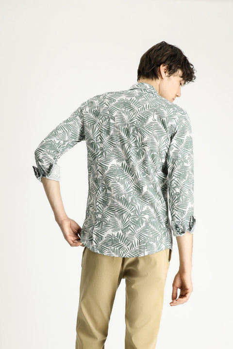Mint Yeşili Uzun Kol Slim Fit Dar Kesim Baskılı Pamuk Gömlek
