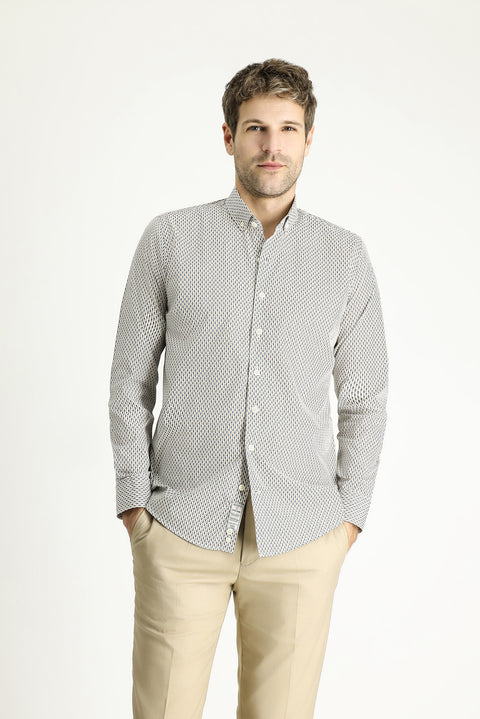 Medium Grey Long Sleeve Slim Fit Printed Cotton Button-Down Collar Shirt