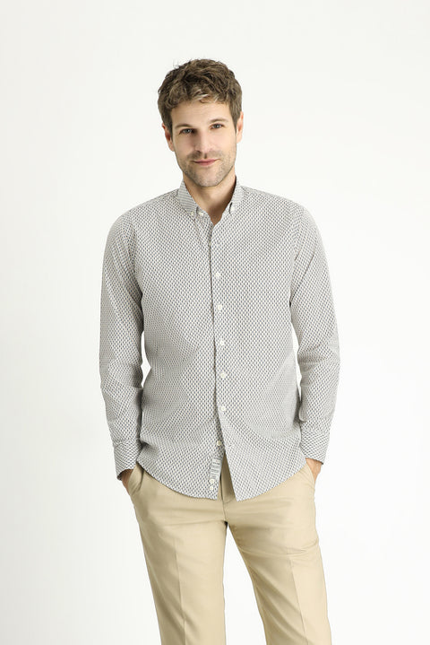 Medium Grey Long Sleeve Slim Fit Printed Cotton Button-Down Collar Shirt