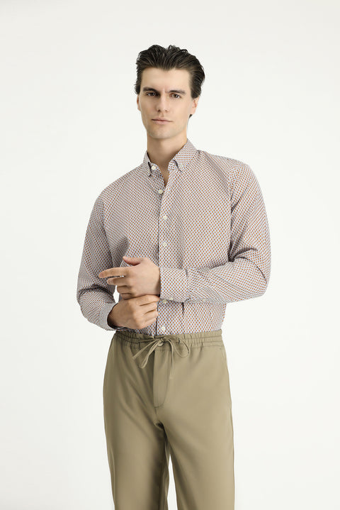 Light Brown Long Sleeve Slim Fit Printed Cotton Button-Down Collar Shirt