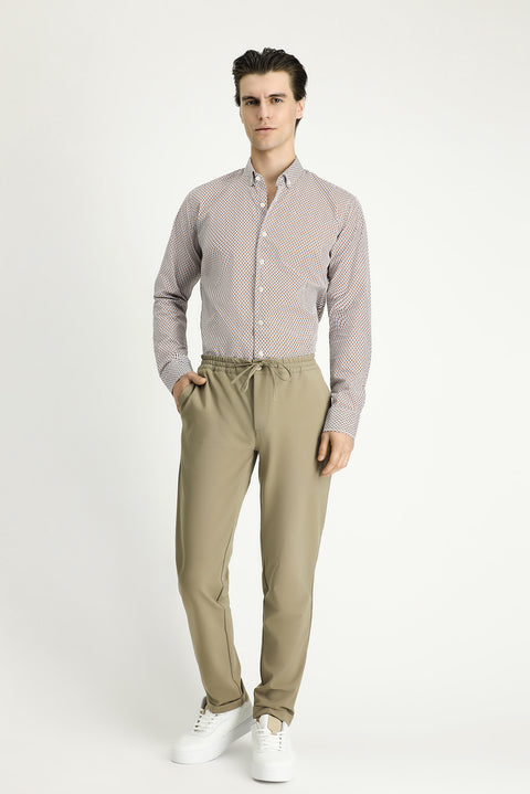 Light Brown Long Sleeve Slim Fit Printed Cotton Button-Down Collar Shirt