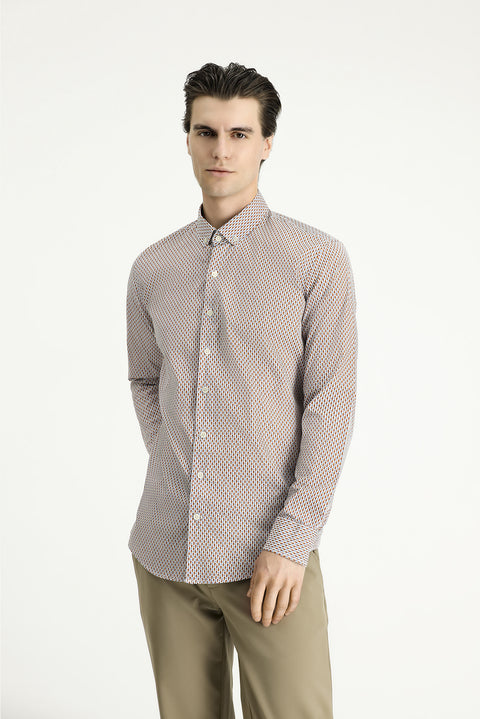 Light Brown Long Sleeve Slim Fit Printed Cotton Button-Down Collar Shirt