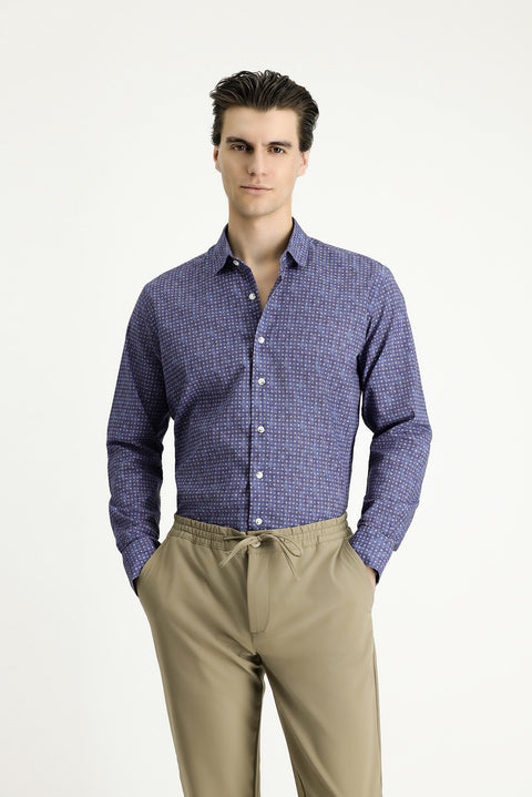 Indigo Long Sleeve Slim Fit Patterned Sport Cotton Shirt