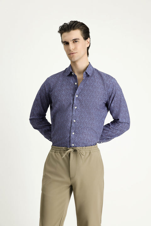 Indigo Long Sleeve Slim Fit Patterned Sport Cotton Shirt