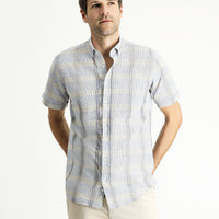 Light Blue Short Sleeve Regular Fit Plaid Sport Cotton Button-Down Shirt