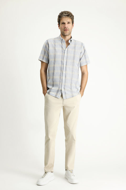 Light Blue Short Sleeve Regular Fit Plaid Sport Cotton Button-Down Shirt
