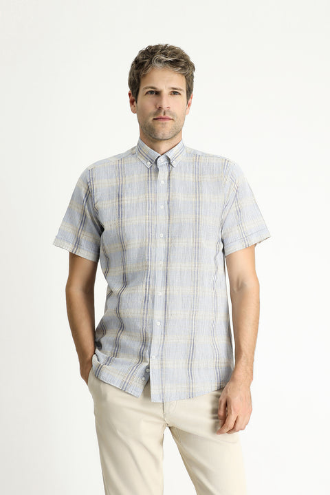 Light Blue Short Sleeve Regular Fit Plaid Sport Cotton Button-Down Shirt