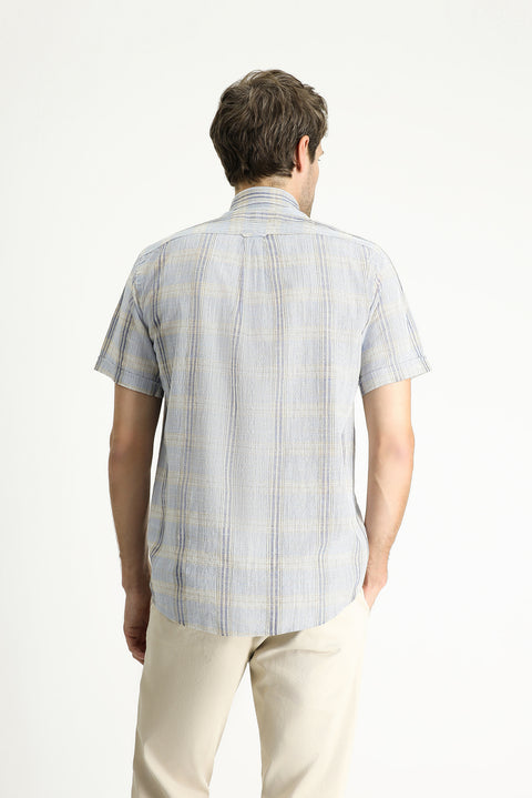 Light Blue Short Sleeve Regular Fit Plaid Sport Cotton Button-Down Shirt