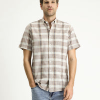 Light Brown Short Sleeve Regular Fit Plaid Sport Cotton Button-Down Shirt