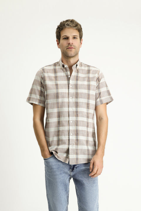 Light Brown Short Sleeve Regular Fit Plaid Sport Cotton Button-Down Shirt