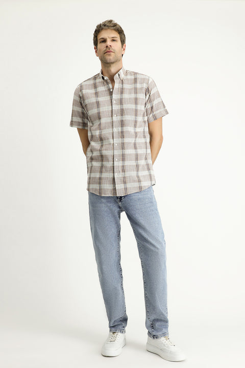 Light Brown Short Sleeve Regular Fit Plaid Sport Cotton Button-Down Shirt