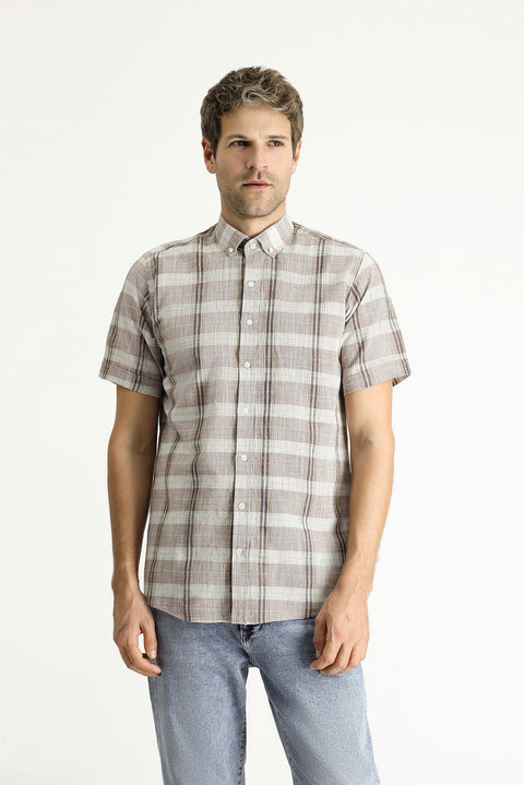 Light Brown Short Sleeve Regular Fit Plaid Sport Cotton Button-Down Shirt