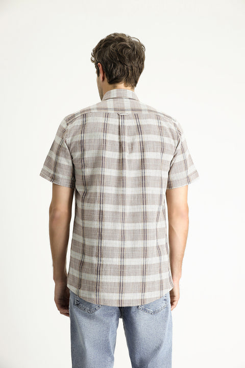 Light Brown Short Sleeve Regular Fit Plaid Sport Cotton Button-Down Shirt