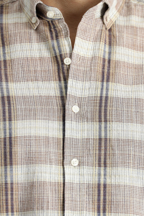 Light Brown Short Sleeve Regular Fit Plaid Sport Cotton Button-Down Shirt