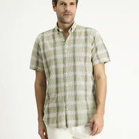 Light Khaki Short Sleeve Regular Fit Plaid Sport Cotton Button-Down Shirt