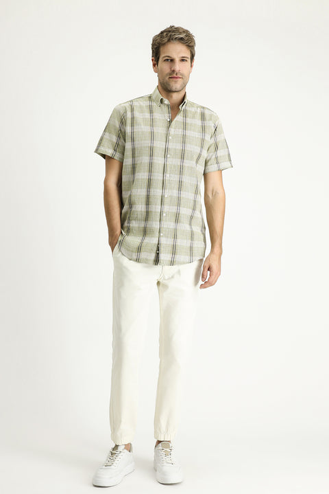 Light Khaki Short Sleeve Regular Fit Plaid Sport Cotton Button-Down Shirt