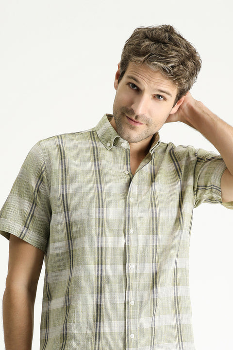 Light Khaki Short Sleeve Regular Fit Plaid Sport Cotton Button-Down Shirt
