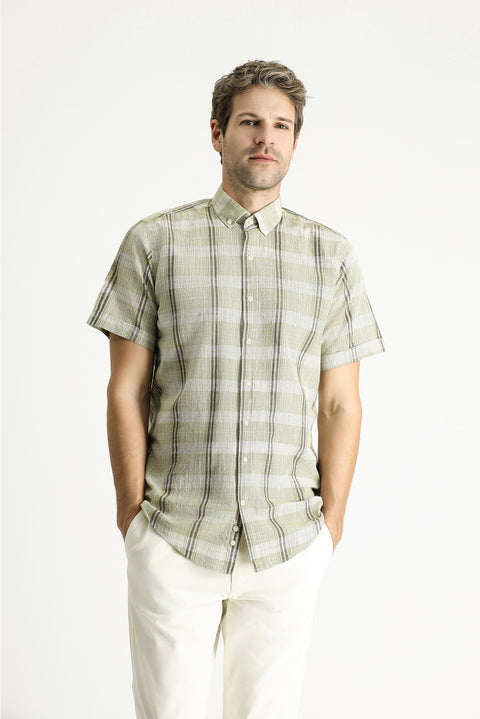 Light Khaki Short Sleeve Regular Fit Plaid Sport Cotton Button-Down Shirt