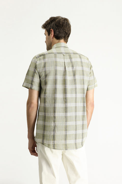 Light Khaki Short Sleeve Regular Fit Plaid Sport Cotton Button-Down Shirt