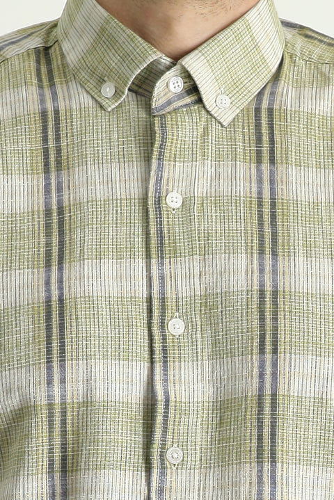 Light Khaki Short Sleeve Regular Fit Plaid Sport Cotton Button-Down Shirt