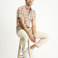 Light Orange Short Sleeve Regular Fit Plaid Sport Cotton Button-Down Shirt