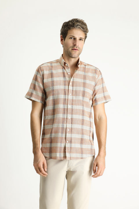 Light Orange Short Sleeve Regular Fit Plaid Sport Cotton Button-Down Shirt