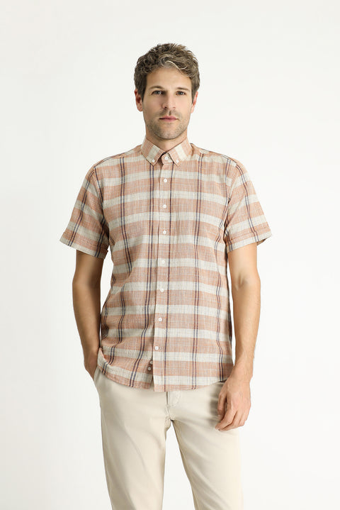Light Orange Short Sleeve Regular Fit Plaid Sport Cotton Button-Down Shirt