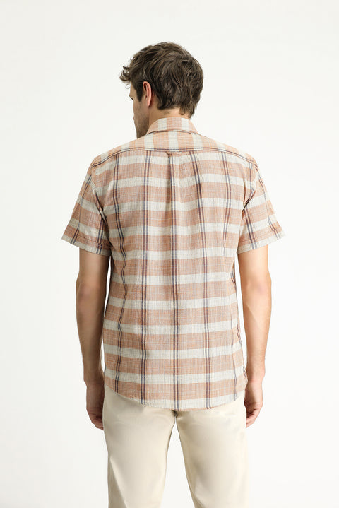 Light Orange Short Sleeve Regular Fit Plaid Sport Cotton Button-Down Shirt