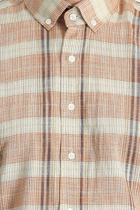 Light Orange Short Sleeve Regular Fit Plaid Sport Cotton Button-Down Shirt
