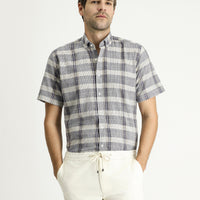 Light Anthracite Short Sleeve Regular Fit Plaid Sport Cotton Button-Down Shirt