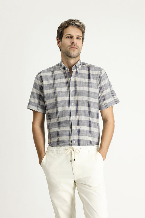 Light Anthracite Short Sleeve Regular Fit Plaid Sport Cotton Button-Down Shirt
