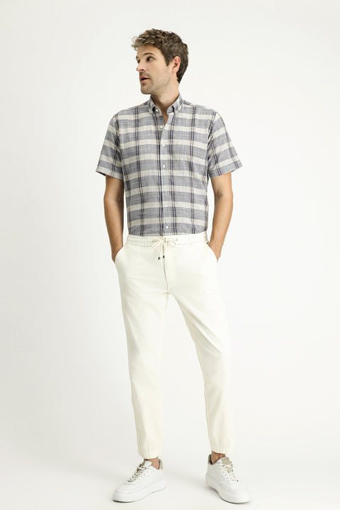 Light Anthracite Short Sleeve Regular Fit Plaid Sport Cotton Button-Down Shirt