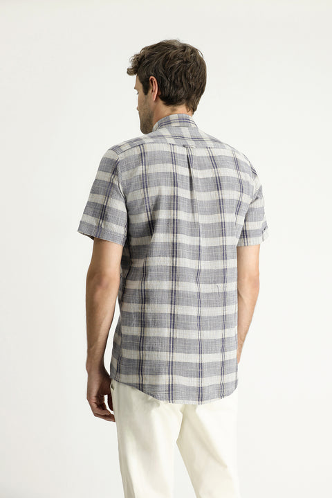 Light Anthracite Short Sleeve Regular Fit Plaid Sport Cotton Button-Down Shirt
