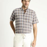 Light Navy Short Sleeve Regular Fit Plaid Sport Cotton Button-Down Shirt