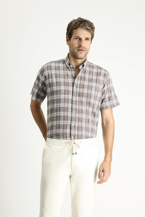 Light Navy Short Sleeve Regular Fit Plaid Sport Cotton Button-Down Shirt