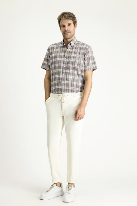 Light Navy Short Sleeve Regular Fit Plaid Sport Cotton Button-Down Shirt