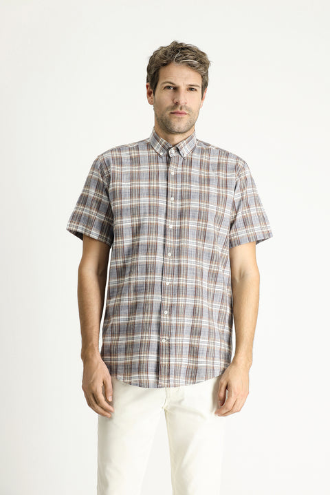 Light Navy Short Sleeve Regular Fit Plaid Sport Cotton Button-Down Shirt