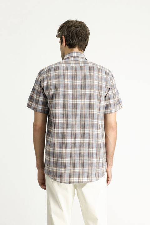 Light Navy Short Sleeve Regular Fit Plaid Sport Cotton Button-Down Shirt