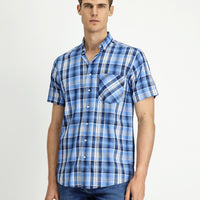 Blue Short Sleeve Regular Fit Plaid Sport Button-Down Collar Cotton Shirt with Pockets