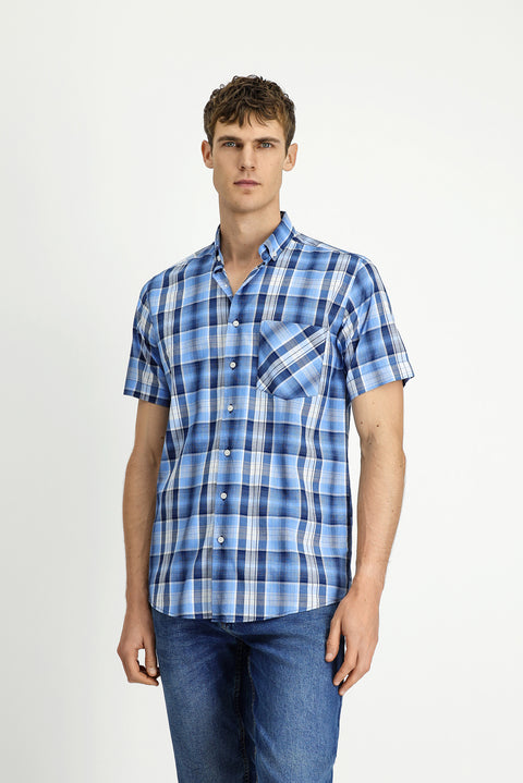 Blue Short Sleeve Regular Fit Plaid Sport Button-Down Collar Cotton Shirt with Pockets