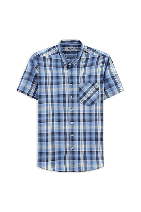 Blue Short Sleeve Regular Fit Plaid Sport Button-Down Collar Cotton Shirt with Pockets