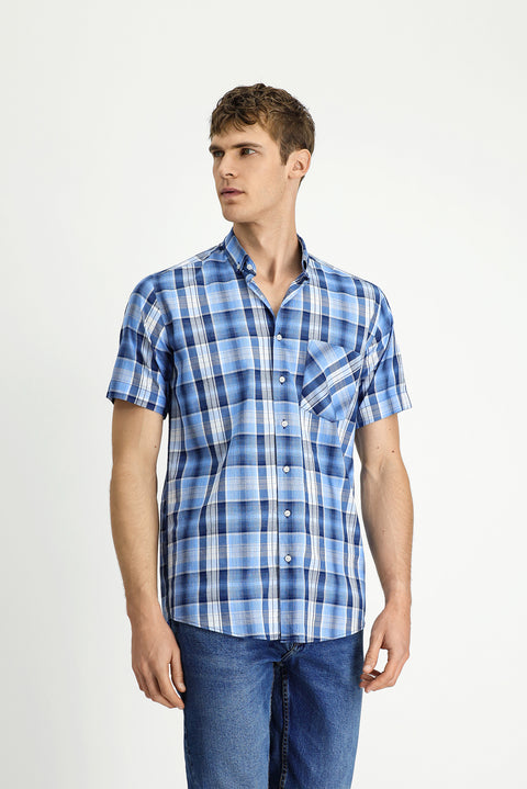 Blue Short Sleeve Regular Fit Plaid Sport Button-Down Collar Cotton Shirt with Pockets