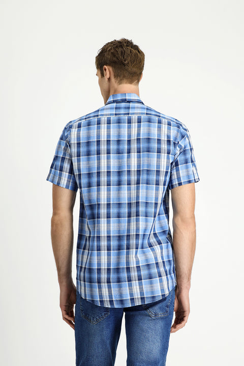 Blue Short Sleeve Regular Fit Plaid Sport Button-Down Collar Cotton Shirt with Pockets