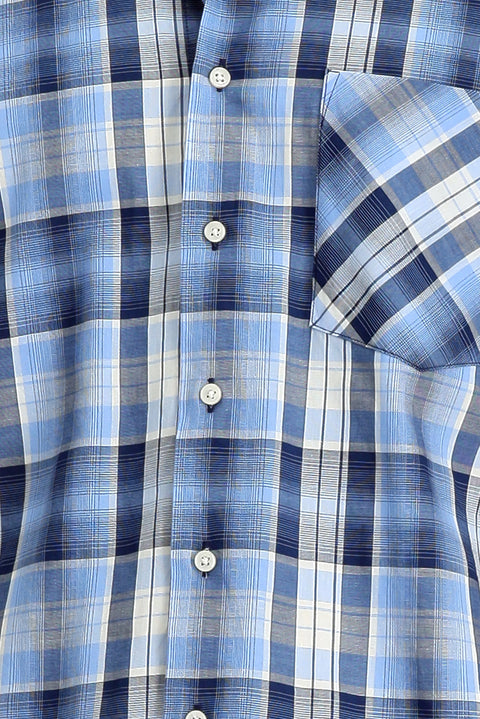 Blue Short Sleeve Regular Fit Plaid Sport Button-Down Collar Cotton Shirt with Pockets